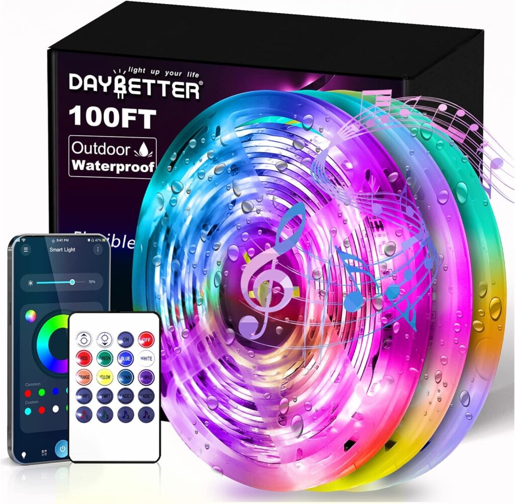 DAYBETTER 100ft Led Strip Lights Outdoor Waterproof Led Light, Smart Outdoor Lights, Led Light Strips with Remote, App Control, RGB Color Changing Led Lights for Bedroom, Roof Eaves(3 Rolls of 32.8ft)