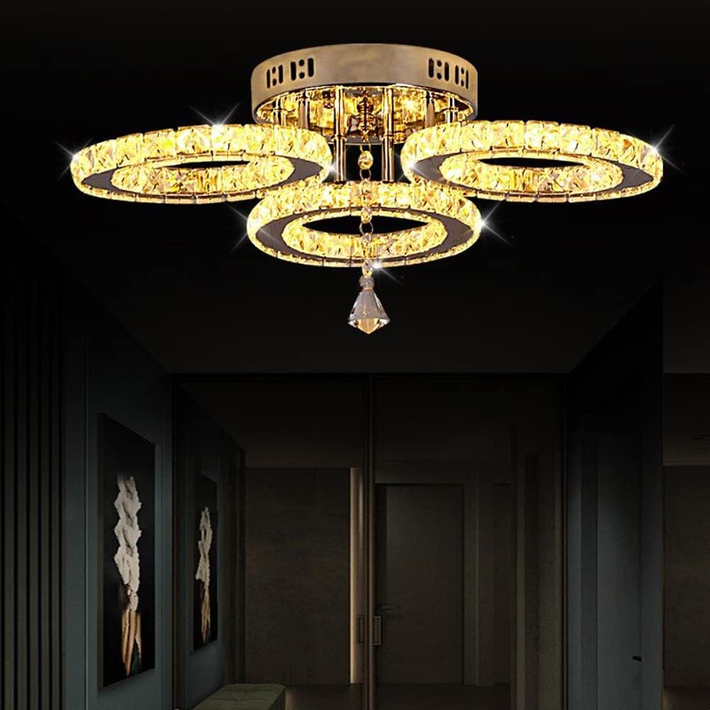 Deckrico Crystal Chandelier Modern LED 5-Rings Light Fixtures Flush Mount Stainless Steel Pendant Ceiling Lamp for Living Room Bedroom Restaurant Porch Dining Room (Cool White)