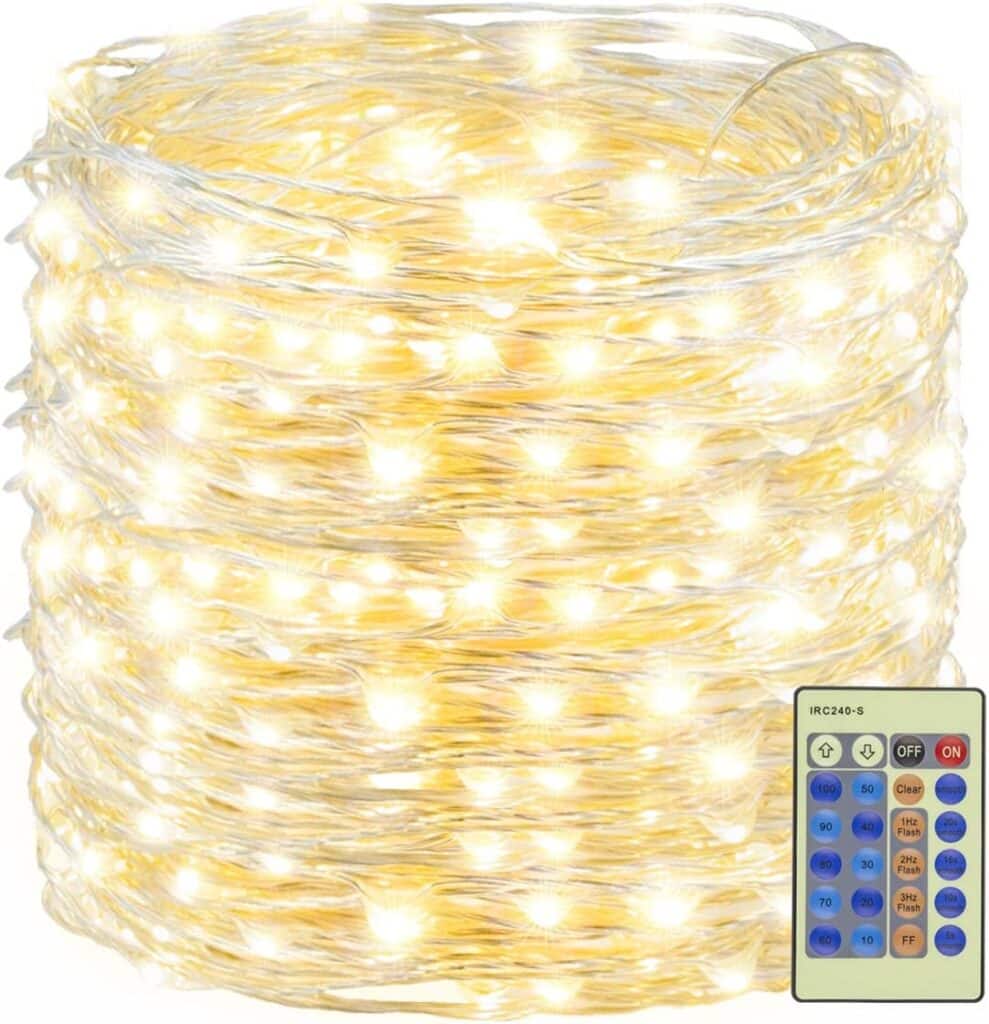 Decute 500LED 164ft Fairy String Lights Christmas Lights Indoor Outdoor Silver Wire with Remote, Firefly Lights Starry for DIY Christmas Tree Costume Wedding Party Table Centerpiece Decor(Warm White)