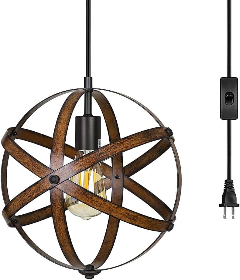 DEWENWILS Plug in Pendant Hanging Light, Wood Grain Industrial Style Metal Globe Vintage Ceiling Light Fixture with 15FT Cord and ON/Off Switch for Kitchen Island, Bedroom