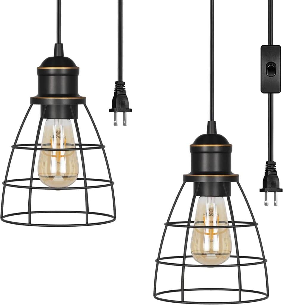 DEWENWILS Plug in Pendant Light, Black Farmhouse Cage Pendant Light Fixtures with 15FT Cord, Hanging Lights for Bedroom, Kitchen Island, Dining Hall, E26 Base Socket, 2 Pack, UL Listed