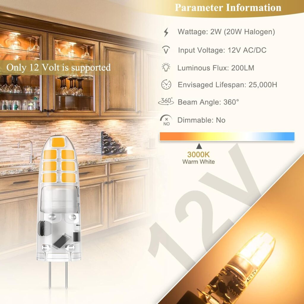 DiCUNO G4 LED Bulb, JC Bi-Pin Base 2W Light Bulb, AC/DC 12V, 20W T3 Halogen Replacement Bulb, Warm White 3000K, for Under Cabinet Light, Landscape Light, Chandelier, Non-dimmable, 10-Pack
