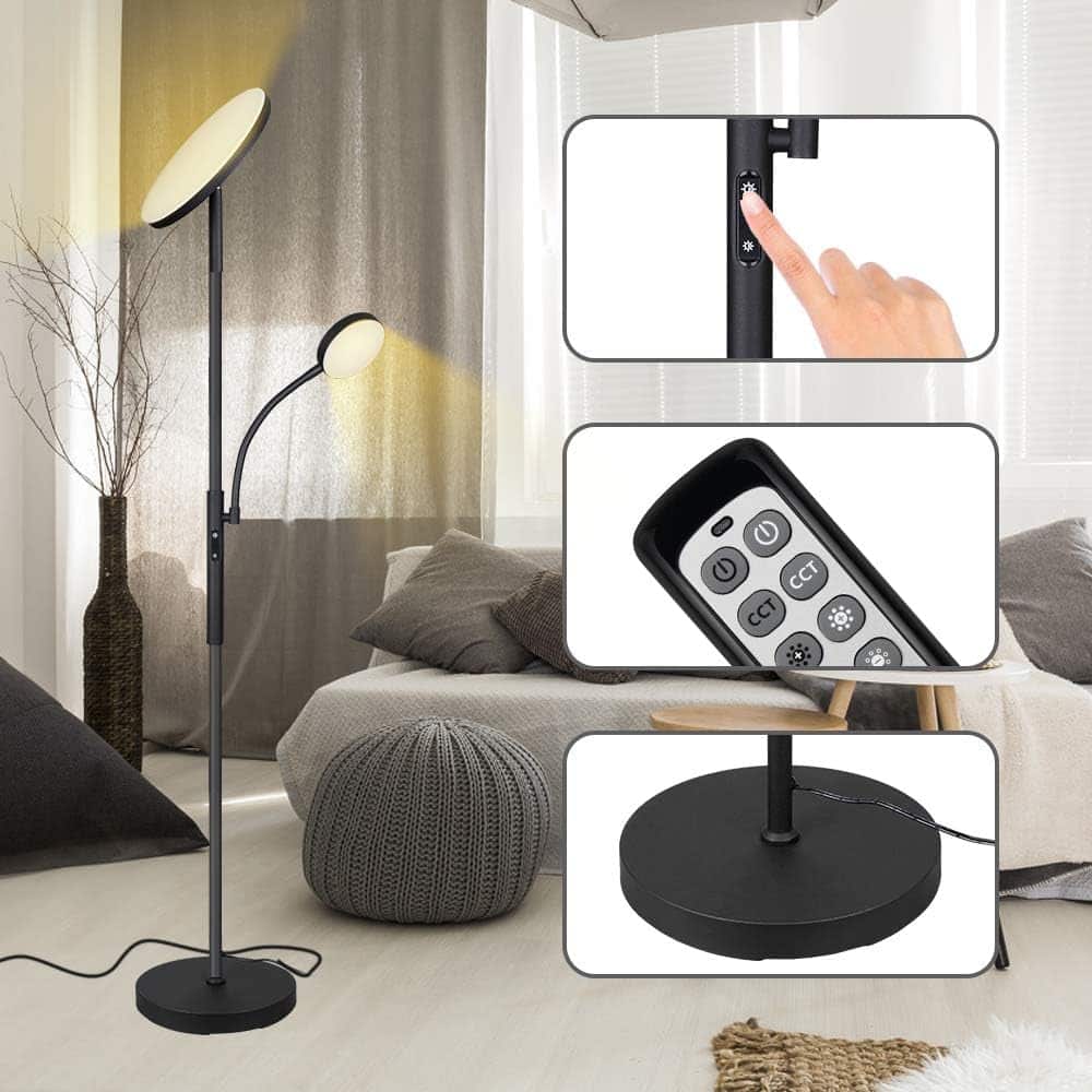 Dimunt Floor Lamp LED Floor Lamps for Living Room Bright Lighting, 27W/2000LM Main Light and 7W/350LM Side Reading Lamp, Adjustable 3 Colors Tall Lamp with Remote  Touch Control