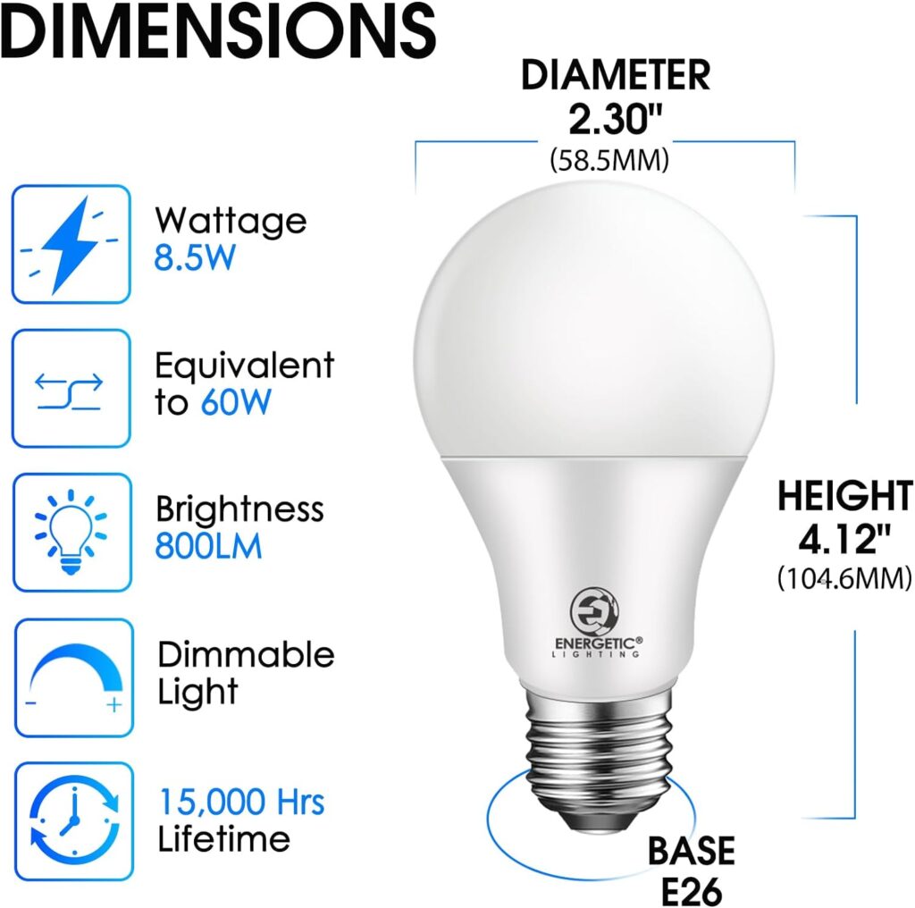 E ENERGETIC LIGHTING Dimmable LED Light Bulbs, 60W Equivalent 5000K Daylight, 8.5W 800 Lumens, E26 LED Bulb 60 Watt Dimmable, UL Listed, 12 Packs