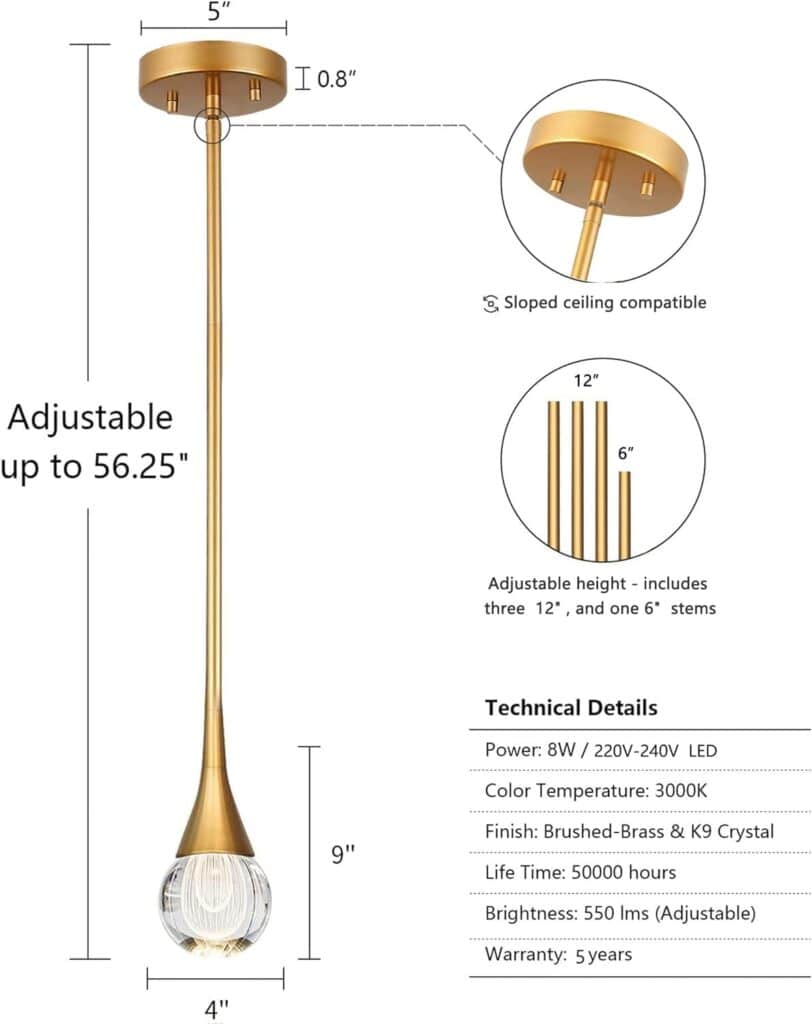 EANLOLY 1-Light Teardrop Crystal Pendant Light, Brass Gold Globe Ceiling Hanging Light Fxitures, LED Light Fixtures Metal Rod Ceiling Glass Pendant Lighting for Kitchen Island Dining Room Bar