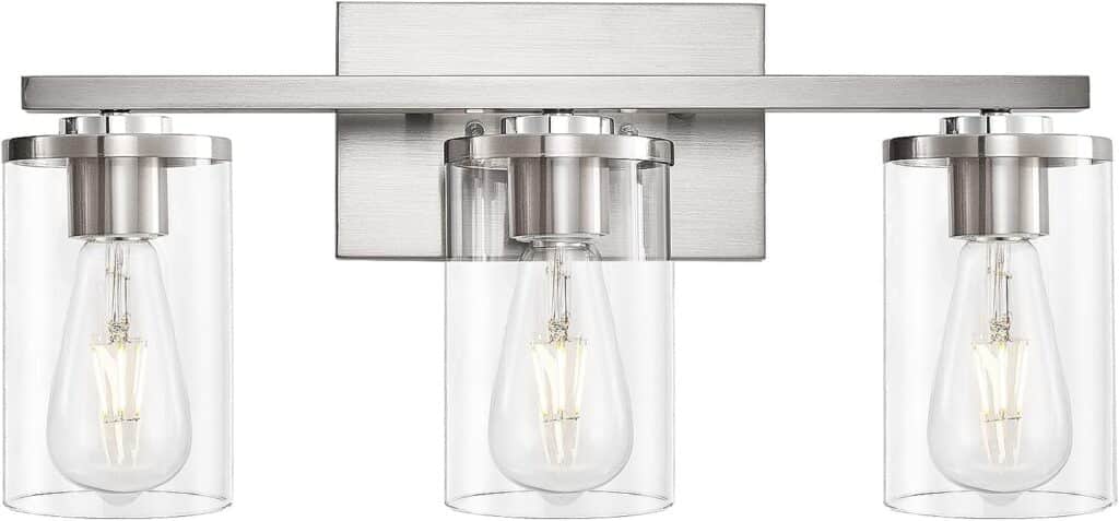 Fabulis Brushed Nickel Bathroom Light fixtures Classic Vanity Light Fixtures with 3-Light Modern Metal Wall Sconces Light with Clear Glass Shade Wall Light for Mirror Hallway Farmhouse Living Room
