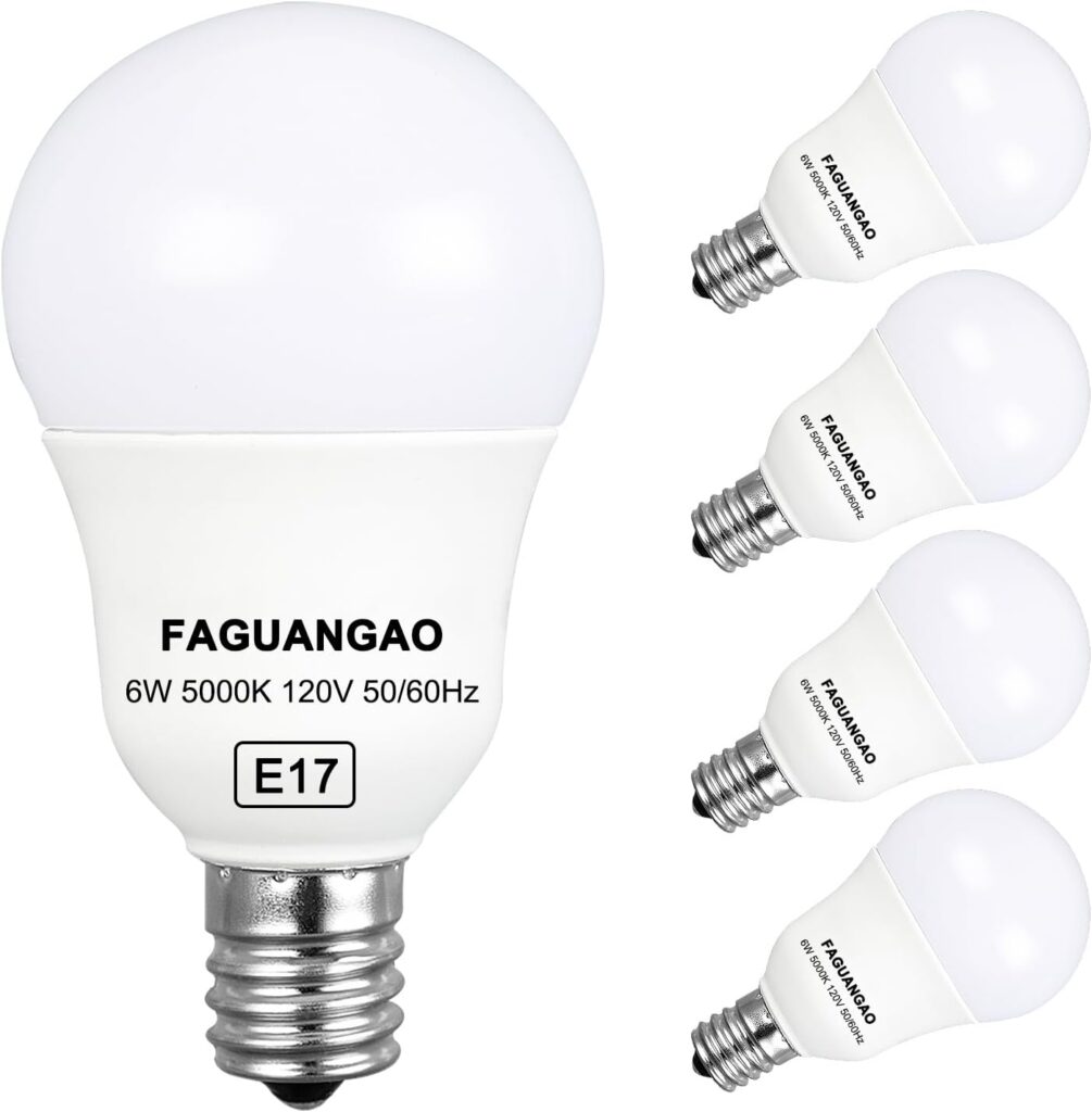 FAGUANGAO E17 Intermediate Base LED G14 Bulbs, 6W 60W Equivalent, 5000K Daylight, 600LM,Globe Light Bulbs for Ceiling Fan, Chandelier Lighting, Not Dimmable, Pack of 4