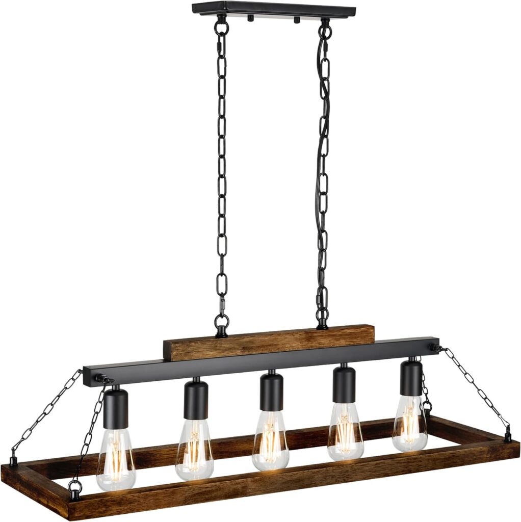 Farmhouse Dining Room/Kitchen Island Lighting Fixtures Over Table Rustic Light Fixture Ceiling Hanging 5-Light Pendant Linear Chandelier Retro Style with Rectangle Wood Black Chain for Dining Room