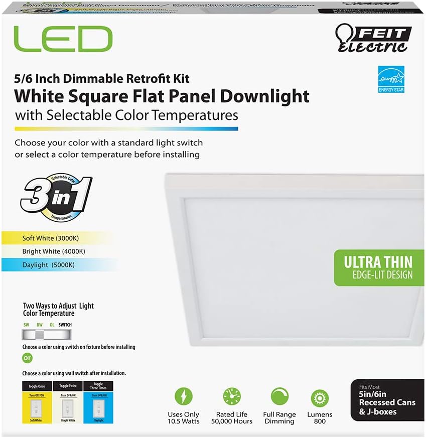 Feit Electric 74208/CA Dimmable Integrated LED Square Flat Panel, Edge-Lit, Color Selectable 3 in 1 Ceiling Flush Mount Light, Fit 5/6 Recessed Can Light Fixture, Soft White, Bright White, Daylight