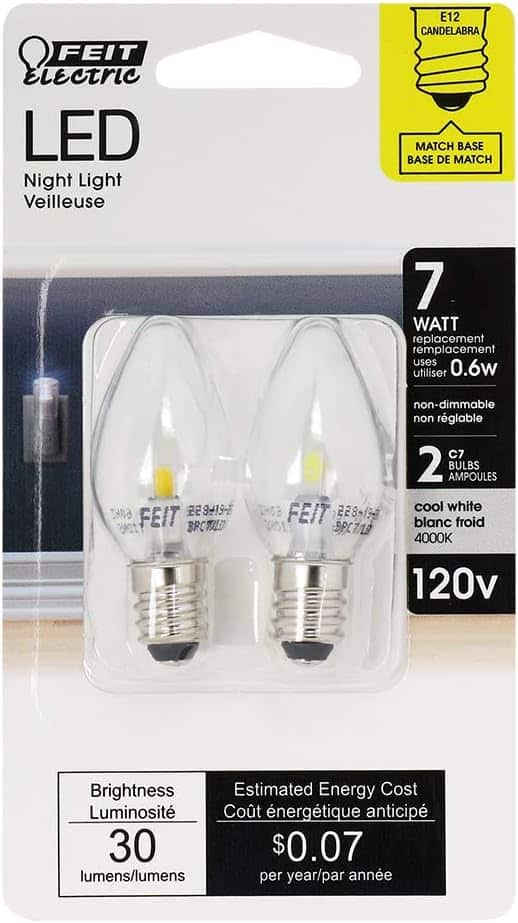 Feit Electric BPC7/LED 0.6 Watt Non Dimmable C7 Candelabra Base, Clear, LED Night Light Bulb, 2-Bulb, 4000K Cool White