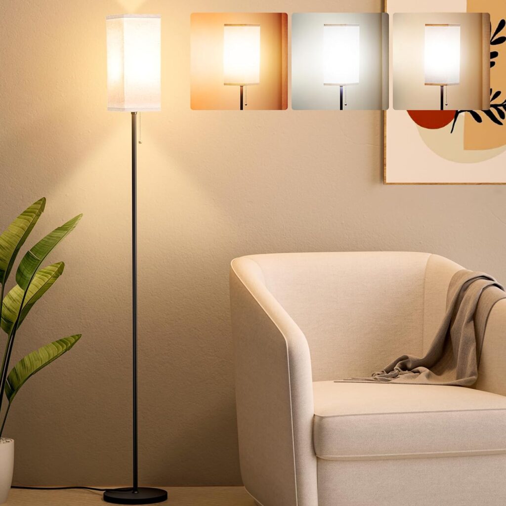 Floor Lamps for Living Room Bedroom - 3 Color Temperature Black Standing Lamp with Pull Chain Switch, Modern Tall Lamp for Office Home Nursery and Hotel, Pole Lamp with Beige Lampshade for Reading