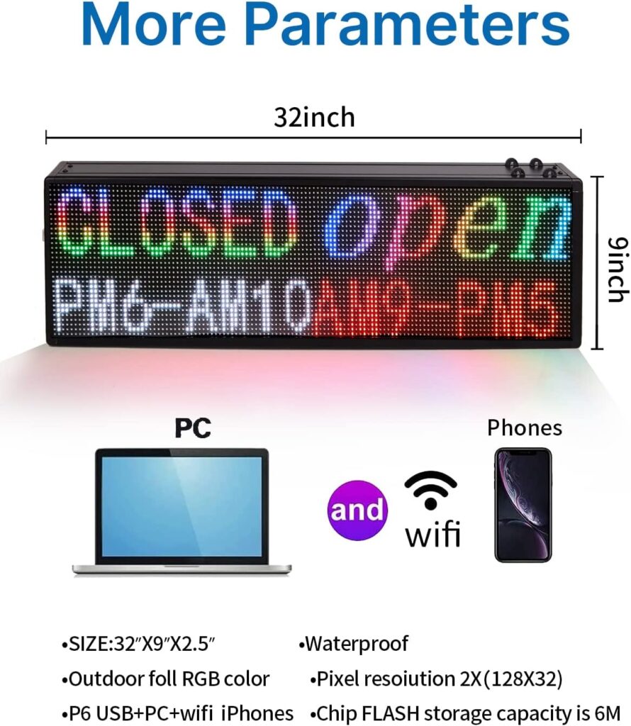 FTELEDLIGHT New Double Sided LED Display Sign, P6 Full Color Indoor Outdoor Advertising Signs, USB WIFI Programmable Text Signs, 31.5 x 9 inch (128 x 32 x 2 Dots)