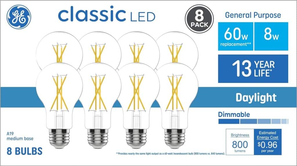 GE Classic A19 Daylight 60-Watt EQ Dimmable LED Light Fixture Light Bulbs (8-Pack)