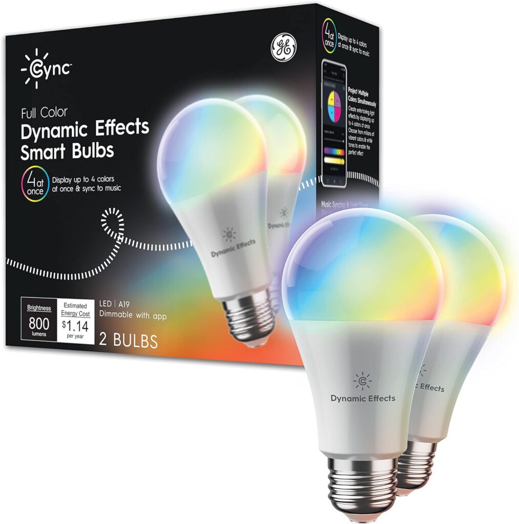 GE CYNC Dynamic Effects Smart LED Light Bulbs, Color Changing, Bluetooth and Wi-Fi, Christmas Lights and Holiday Decor, A19 Bulbs (2 Pack), White