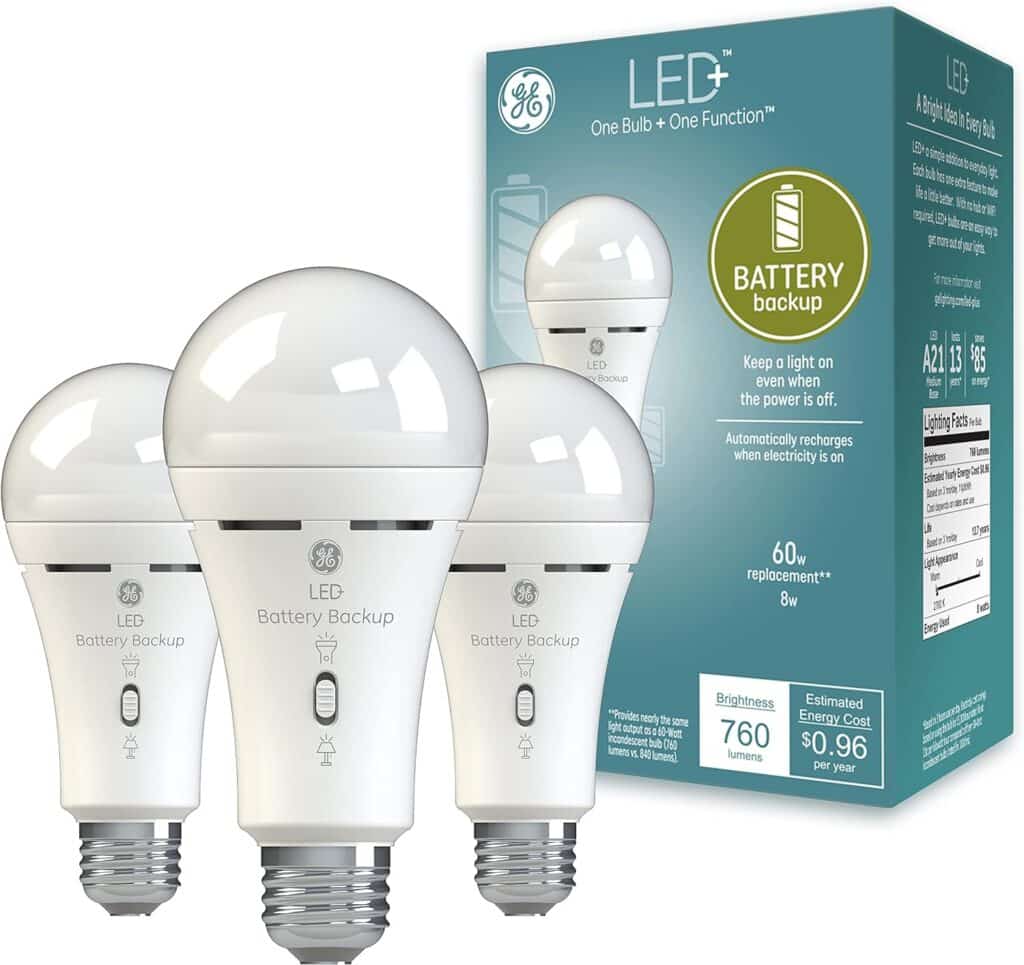 GE LED+ Backup Battery LED Light Bulbs, 8W, Rechargeable Emergency Light for Power Outages + Flashlight, Soft White, A21 (2 Pack)