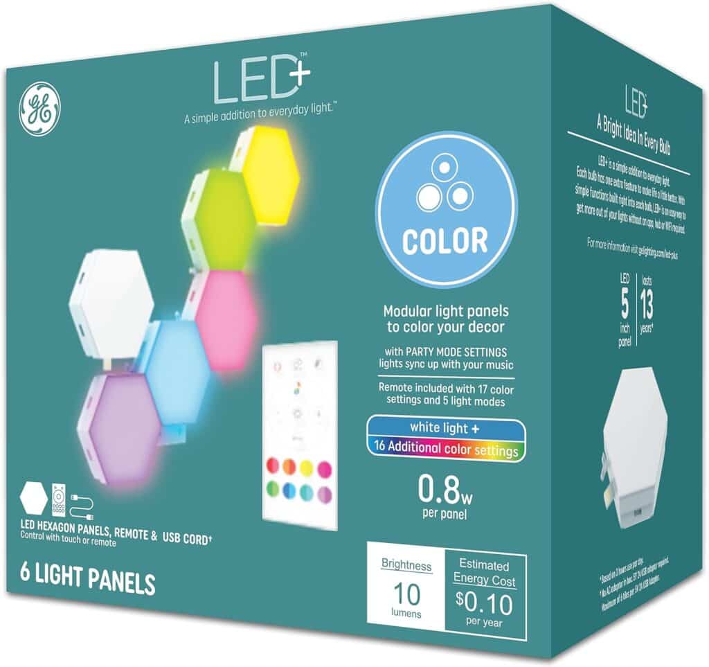 GE LED+ Color Changing LED Hexagon Tile Panels with Remote, No App or Wi-Fi Required (6 Pack)