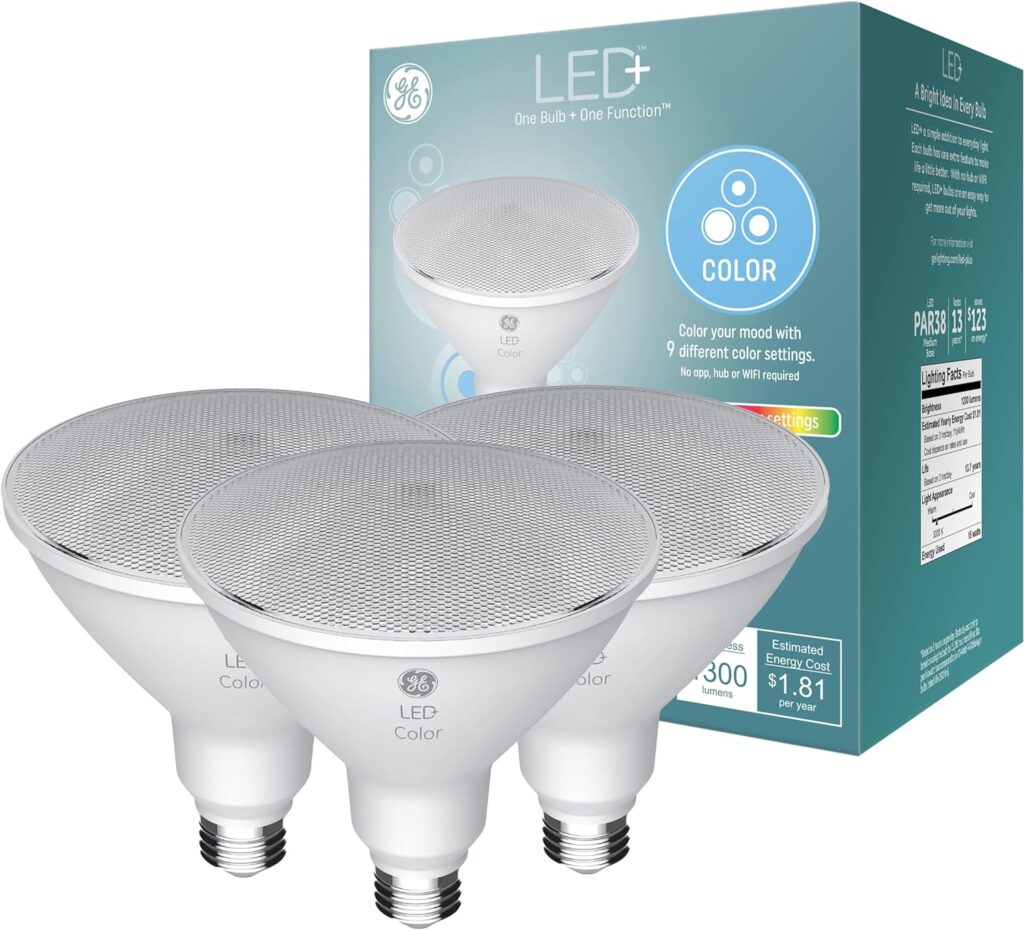 GE LED+ Color Changing LED Light Bulbs with Remote, 15W, No App or Wi-Fi Required, PAR38 Outdoor Floodlights (3 Pack)