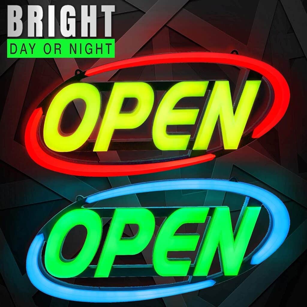 GLI Led Open Sign for Business – Stand Out with 64 Super-Bright Color Combos to Match Your Brand, Programmable App – Neon Flash, or Scroll – 15 x 32 inch