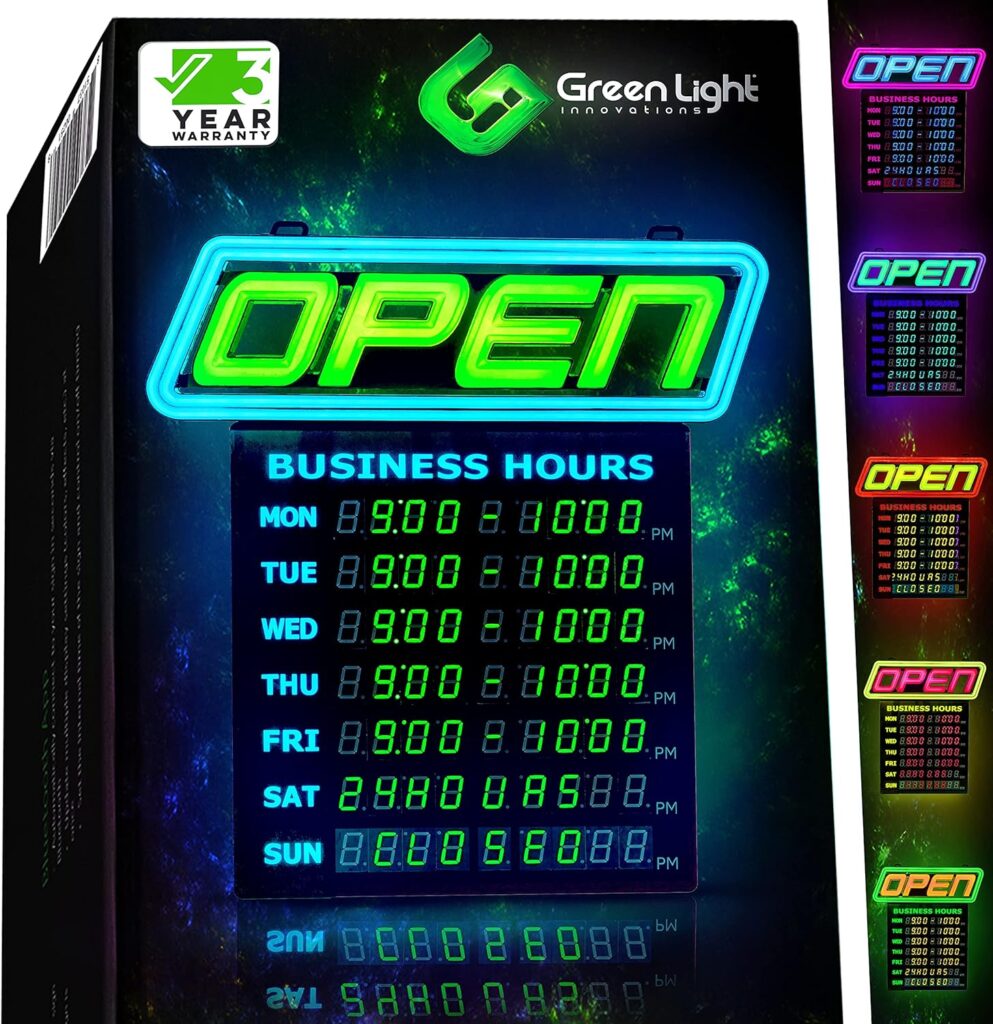 GLI Led Open Sign with Business Hours – Stand Out with 1000’s Color Combos to Match Your Brand, – Neon Flash, or Scroll – Programmable App, 15 x 16.5 inch