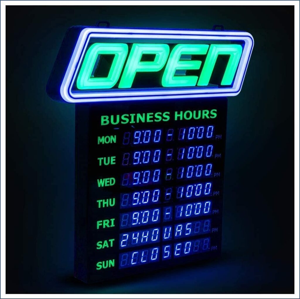 GLI Led Open Sign with Business Hours – Stand Out with 1000’s Color Combos to Match Your Brand, – Neon Flash, or Scroll – Programmable App, 15 x 16.5 inch