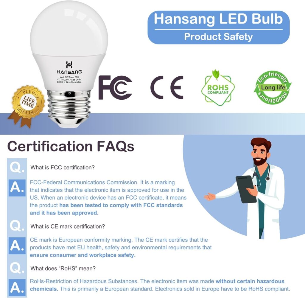 hansang A15 LED E26 Small Light Bulb, Daylight 5000K, 60Watt Equivalent Ceiling Fan Light Bulbs, E26 Standard Base Appliance Light Bulb, 600 Lumen, CRI85+, Eye Protection, 120V, Non-Dimmable 8 Pack
