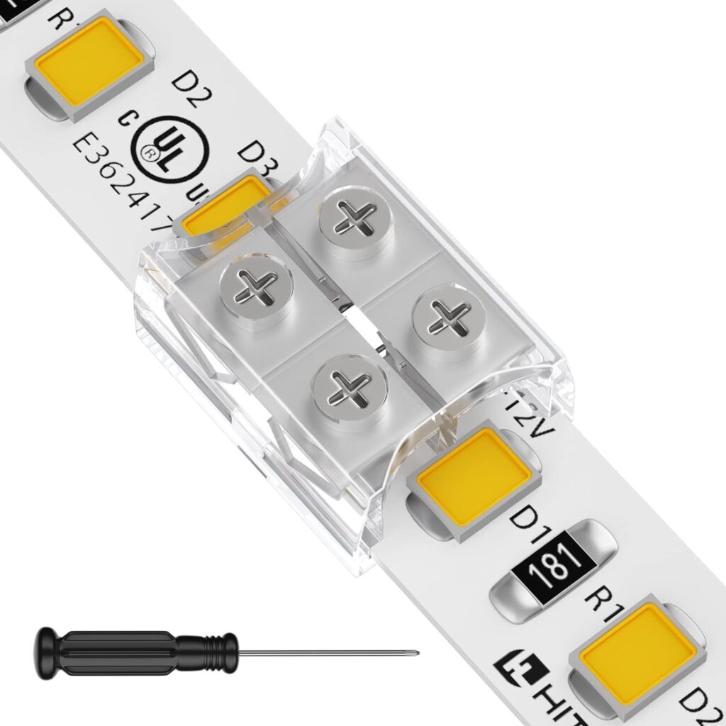 HitLights 26 Pack LED Connector 2 Pin 10mm Solderless LED Tape Light Connector Transparent LED Strip Light Connectors with Screwdriver Strip to Strip for 12V 24V Single Color LED Light Strip