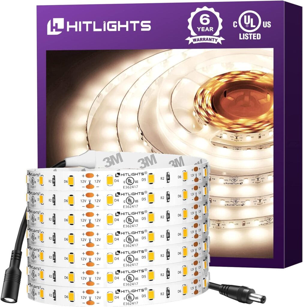 HitLights Cool White LED Strip Lights 5000K, 24.6ft High Density 12V Tape Light Dimmable, 900 LEDs, CRI 90, UL Listed, Flexible Rope Lights for Bedroom, Kitchen, Cabinet (Power Source Not Included)