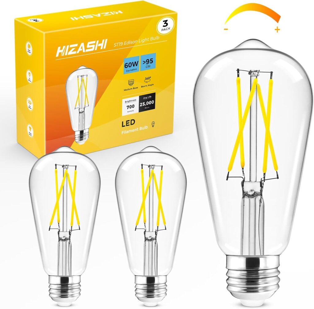 Hizashi LED Edison Bulbs, 6W, Equivalent 60W, Dimmable E26 LED Bulb, Daylight 5000K, 90+ CRI 700 Lumens, ST19 Vintage Light Bulbs, Clear Glass, Pack of 3