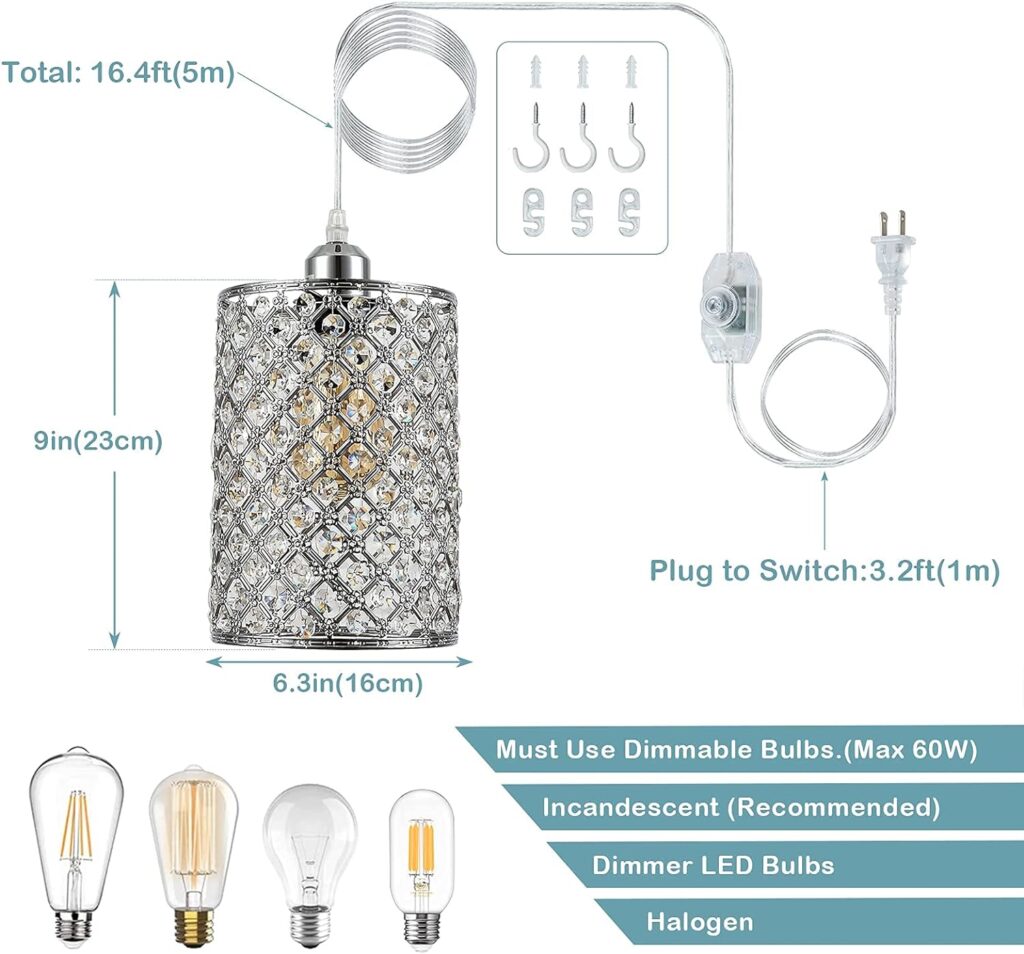 HMVPL Plug in Pendant Lighting Fixtures with Long Hanging Cord and Dimmer Switch, Modern Crystal Hanging Chandelier Sparkly Swag Ceiling Lamp for Kitchen Island Dining Table Bed-Room Girls Closet