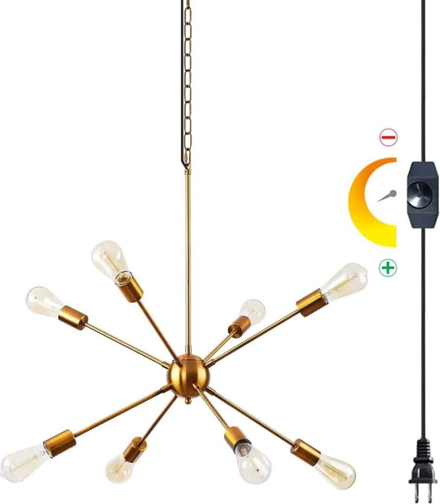 HOXIYA 26.3 DIMMABLE Plug in Chandelier, Modern Sputnik Chandeliers Brushed Gold 8-Lights Plug in Pendant Light, Mid Century Hanging Ceiling Lighting Fixture for Dining Room Bedroom Kitchen Entryway