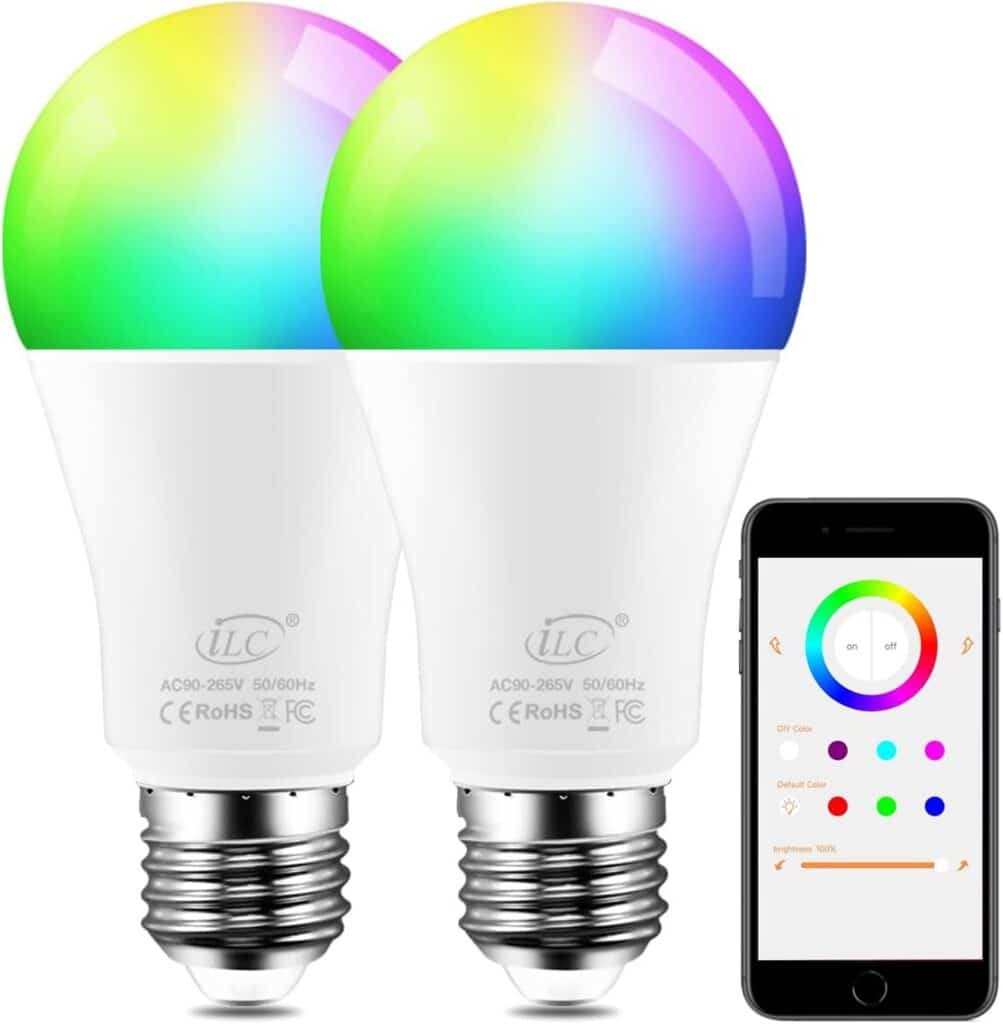 iLC Color Changing LED Light Bulb RGBW 2700K Warm White, Controlled by APP, Sync to Music, Dimmable RGB Multi-Color 70 Watt Equivalent E26 Edison Screw (2 Pack)