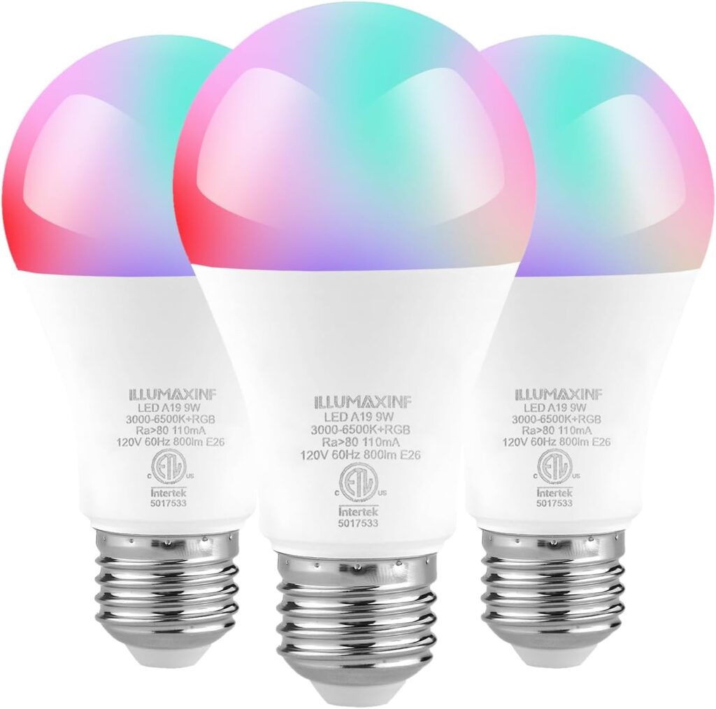 ILLUMAXINF A19 Smart Light Bulbs, WiFi Bluetooth Color Changing LED Light Bulbs, Music Sync, 60W Equivalent 800LM, Dimmable, Supports Alexa, Google Assistant, 3 Pack