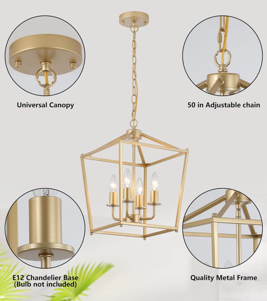 Industrial 4 Lights Chandelier, Gold Lantern Ceiling Light Fixtures with Rustic Metal Cage Adjustable Height Farmhouse Geometric Hanging Light for Kitchen Island, Dining Room, Entryway, UL Listed