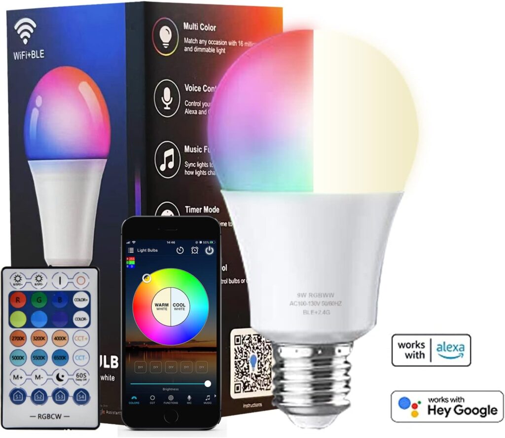 iodoo 1 Pack Led Light Bulb with Remote, 2700K-6500K + RGB Sorft Warm White Light Bulbs, E26 Base,Support Alexa and Google, LED Light 1000LM 80W Equivalent for Halloween Christmas