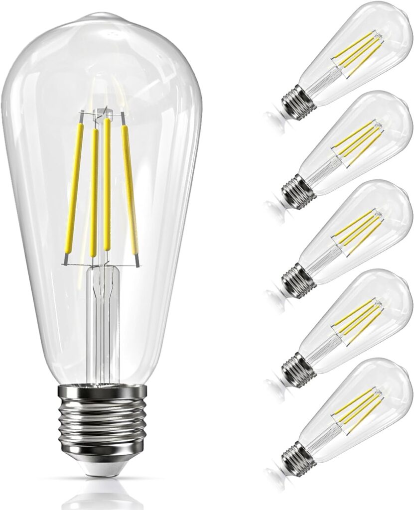 Jensense Edison Bulbs Dimmable 5000K Daylight Cool White, 7W Edison LED Light Bulb 60 watt Equivalent, Vintage Filament Bulb E26 CRI 90+ Clear Glass 6 Pack