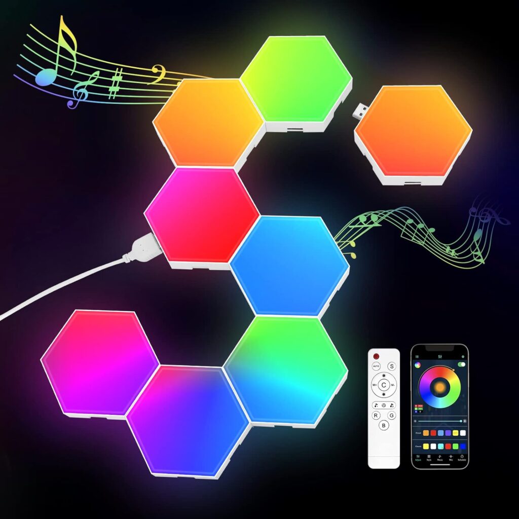 JIMIMORO 8 Pack Hexagon Light Panels -Cool Music Sync RGB Hexagon LED Lights Gaming Lights with APP  Remote Control Wall Lights Gift for Home Decor, Living Room, Bedroom,Gaming Room, Kids, Adults