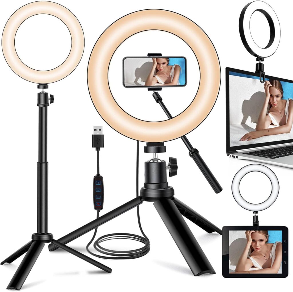 JIOZER,Selfie Ring Light for Zoom Meeting, Dimmable Desktop LED Circle Light with Tripod Stand, 6 Lighting Kit Gifts for Live Streaming/Laptop Video Conference/Makeup/YouTube/Vlog/Video Recording