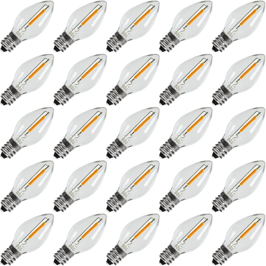 KGC C7 Christmas Replacement LED Light Bulbs - 0.6W Equivalent to 7W, Warm White 2200K, Waterproof Clear Plastic Night Light Bulbs, C7 E12 Candelabra Base for Christmas String Light (25 Pack)
