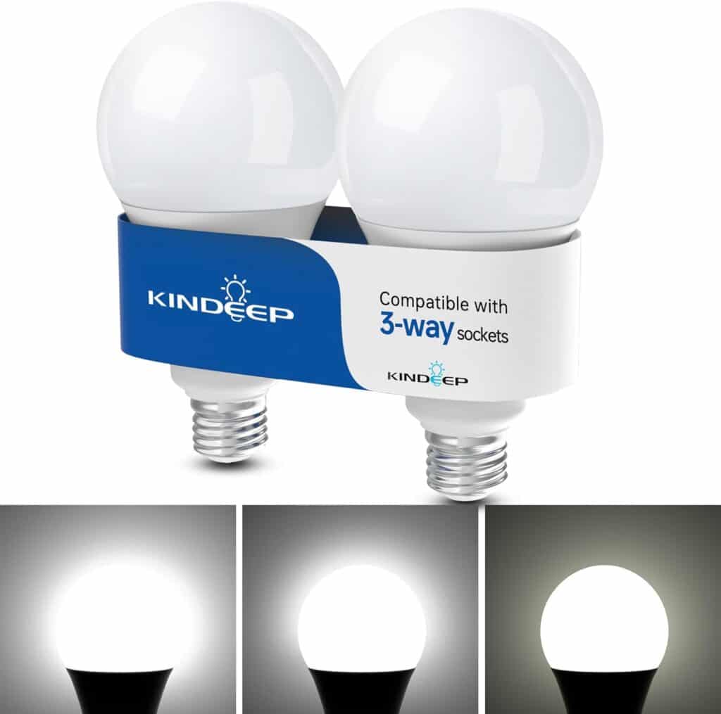 KINDEEP 3 Way LED Light Bulbs 50 100 150 Watt Equivalent, Three Way A21 LED Bulbs, E26 Base, Daylight White 5000K, 500 1600 2200LM for Home Reading, Desk Lamp, Table Lamp, 2 Pack