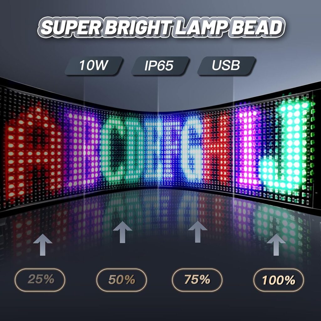 KJOY Programmable Huge Bright LED Signs, 27x5 USB 5V, Bluetooth App Control Custom Text Pattern Animation, Scrolling, Flexible LED Display for Car Store Party Bar Hotel