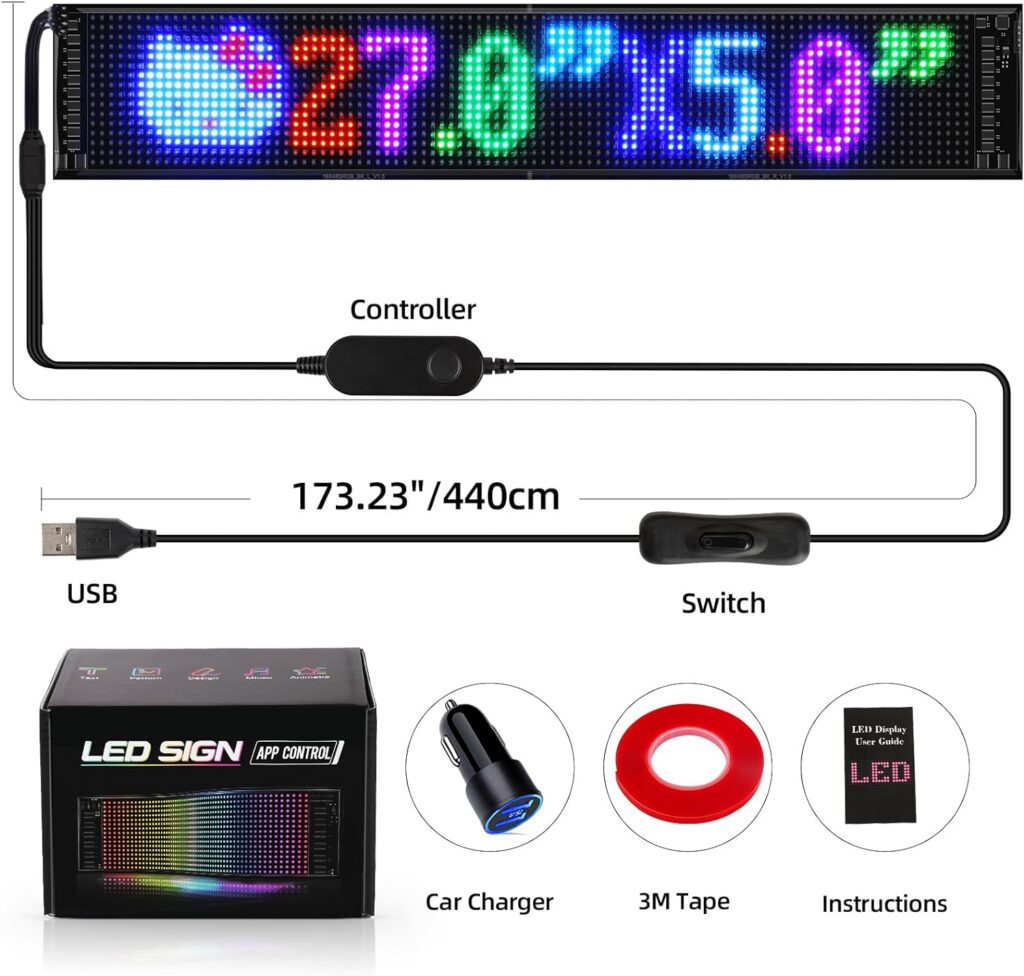 KORJO Programmable LED Scrolling Sign for Car, Bluetooth APP Control Custom Text Pattern Animation LED Sign Display, Flexible LED Screen Bright Sign Board for Store Bar Shop (27”x5”)