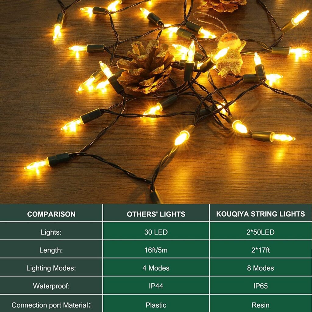 KOUQIYA Battery Operated Christmas Lights, 2 Set of 17ft 50 LED Mini String Lights with Timer 8 Modes Waterproof Tree Lights for Outdoor Indoor Xmas Garden Party Decor, Warm White