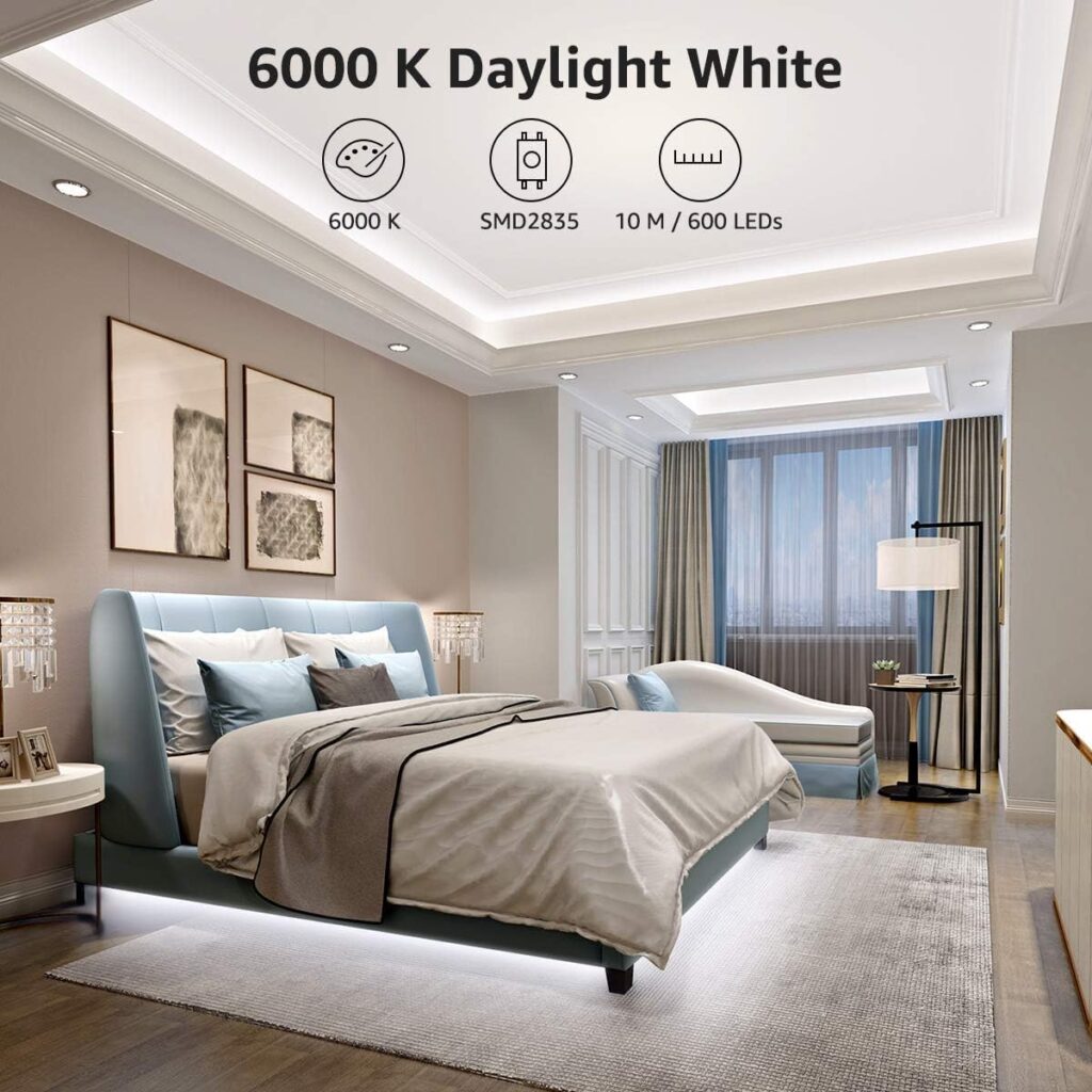 Lepro LED Strip Light White, 16.4ft Dimmable Vanity Lights, 6000K Super Bright LED Tape Lights, 300 LEDs 2835, Strong 3M Adhesive, Suitable for Home, Kitchen, Under Cabinet, Bedroom, Daylight White