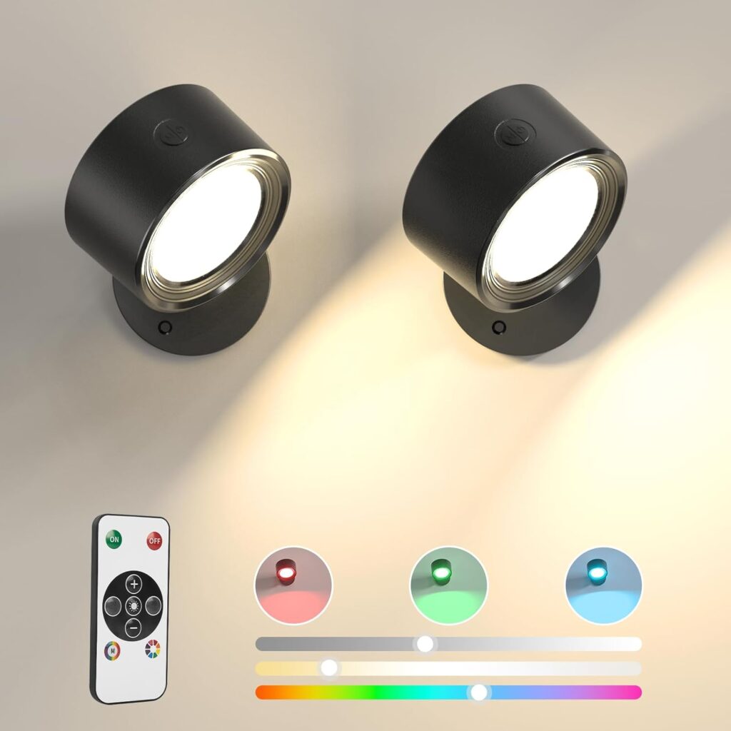 Lightbiz LED Wall Lights 2 Pcs with Remote, RGB Ambience Wall Sconces Lamp 3000mAh Rechargeable Battery Operated, 3 Color Temp  Dimmable Magnetic 360° Rotation Cordless Light for Living Room Bedside