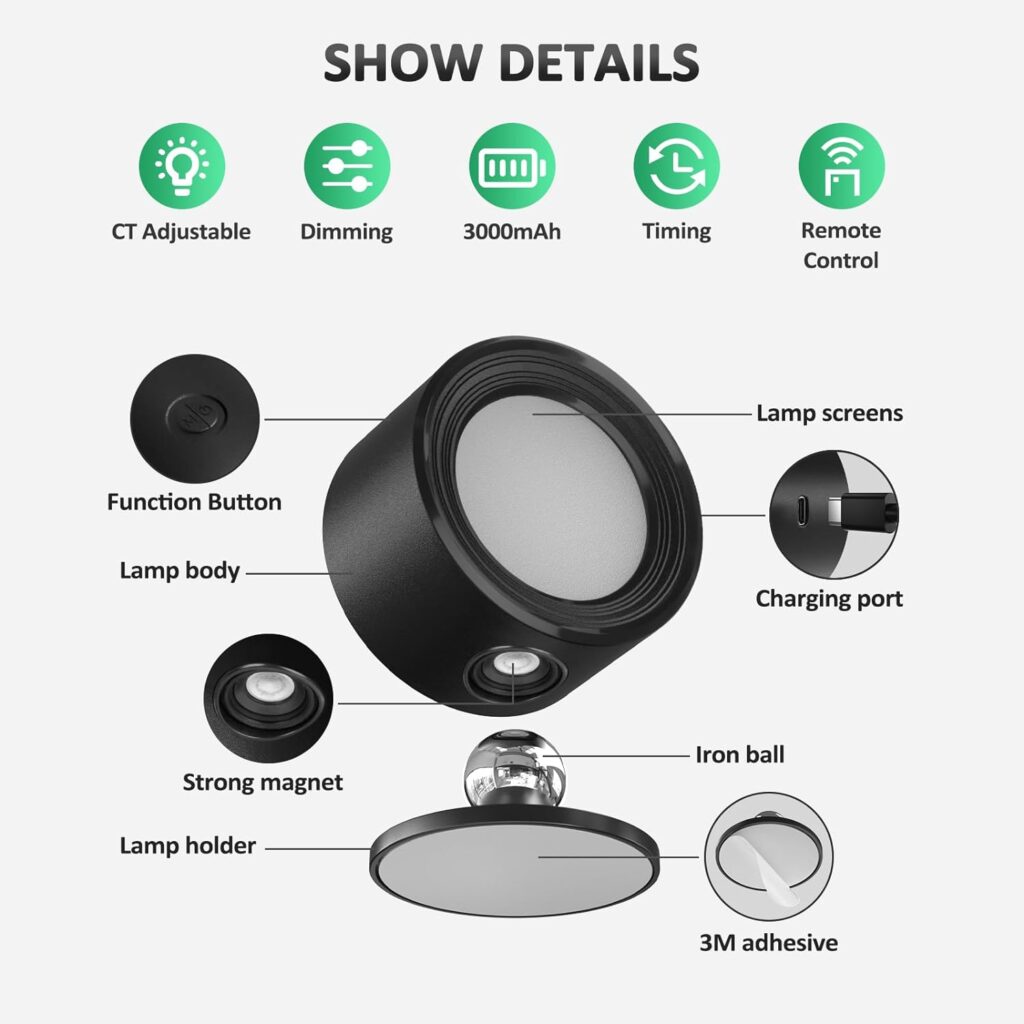 Lightbiz LED Wall Lights 2 Pcs with Remote, RGB Ambience Wall Sconces Lamp 3000mAh Rechargeable Battery Operated, 3 Color Temp  Dimmable Magnetic 360° Rotation Cordless Light for Living Room Bedside