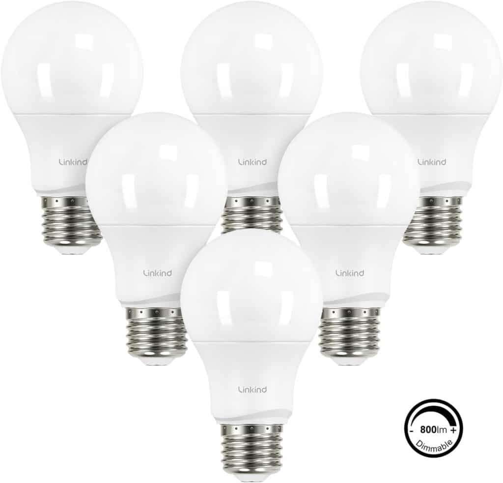 Linkind Dimmable A19 LED Light Bulbs, 60W Equivalent, E26 Base, 5000K Daylight, 9.5W 800 Lumens 120V, UL Listed FCC Certified, Pack of 6