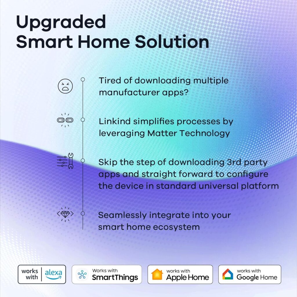 Linkind Matter Smart Light Bulbs Work with Apple Home/Siri/Google Home/Alexa/SmartThings, RGBTW LED Color Changing Light Music Sync, Smart Home Integration, 60W A19 E26 2.4Ghz WiFi Only 2 Pack