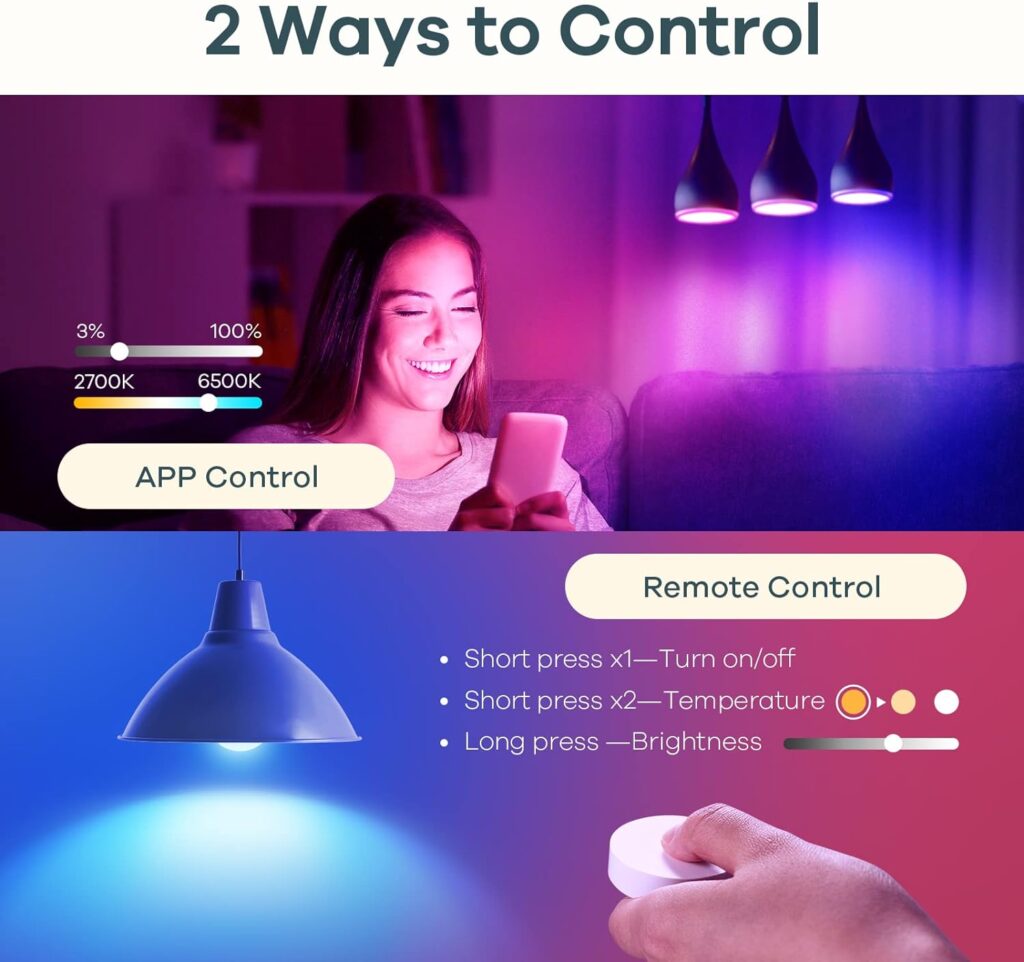 Linkind Smart Light Bulbs with Remote Control, Smart Bulb That Work with Alexa  Google Home, 16 Million Color Changing Light Bulbs 60W, A19 E26 2.4Ghz WiFi Light Dimmable,1800K-6500K,800lm 4 Pack