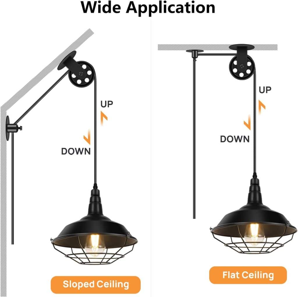Lomoky Plug in Pendant Light, Hanging Lamp with Black Barn Pendant Lighting with 14.76ft Cord On/Off Switch, Adjustable Pulley Wall Light Fixture Hanging Light for Kitchen Bedroom Restaurant 2 Pack