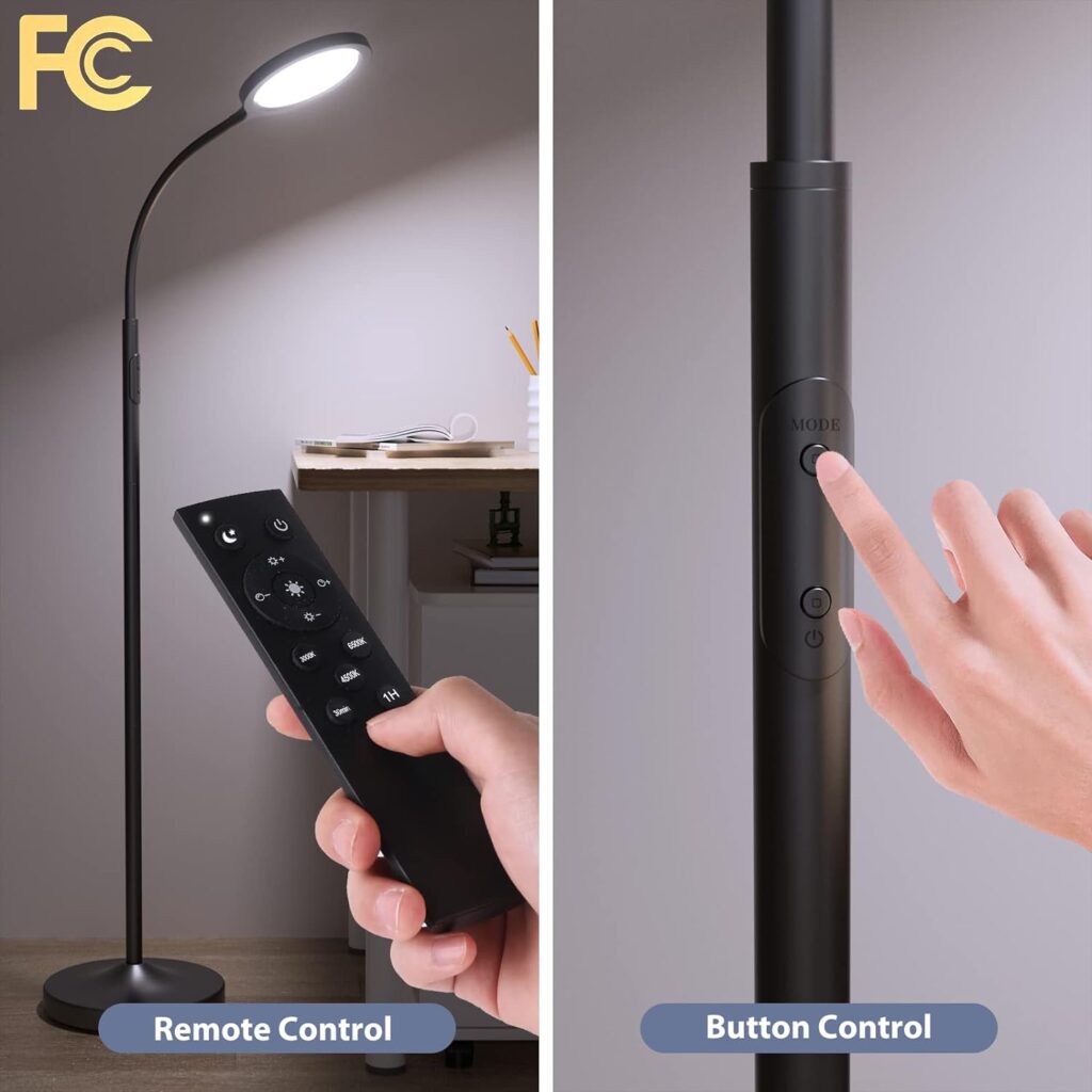 luckystyle Floor Lamp,Super Bright Dimmable LED Lamps for Living Room, Custom Color Temperature Standing Lamp with Remote Push Button, Adjustable Gooseneck Reading Floor Lamp for Bedroom Office Black